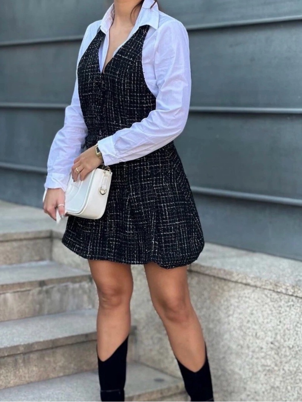 Zara Black Tweed Mini Dress with White Shirt Detail